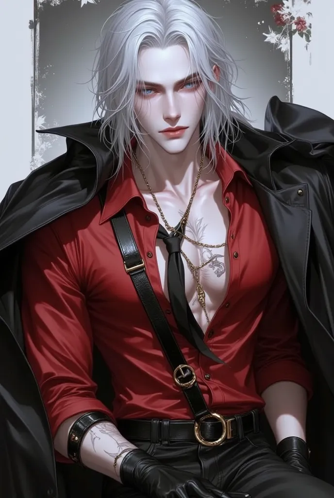 A guy with long white hair, periwinkle blue eyes, perfect porcelain skin, full cupids bow pink lips and an athletic hourglass physique thanks to his snatched waist. He wore a a red long sleeved button up shirt with the sleeves rolled up, showing off his fa...