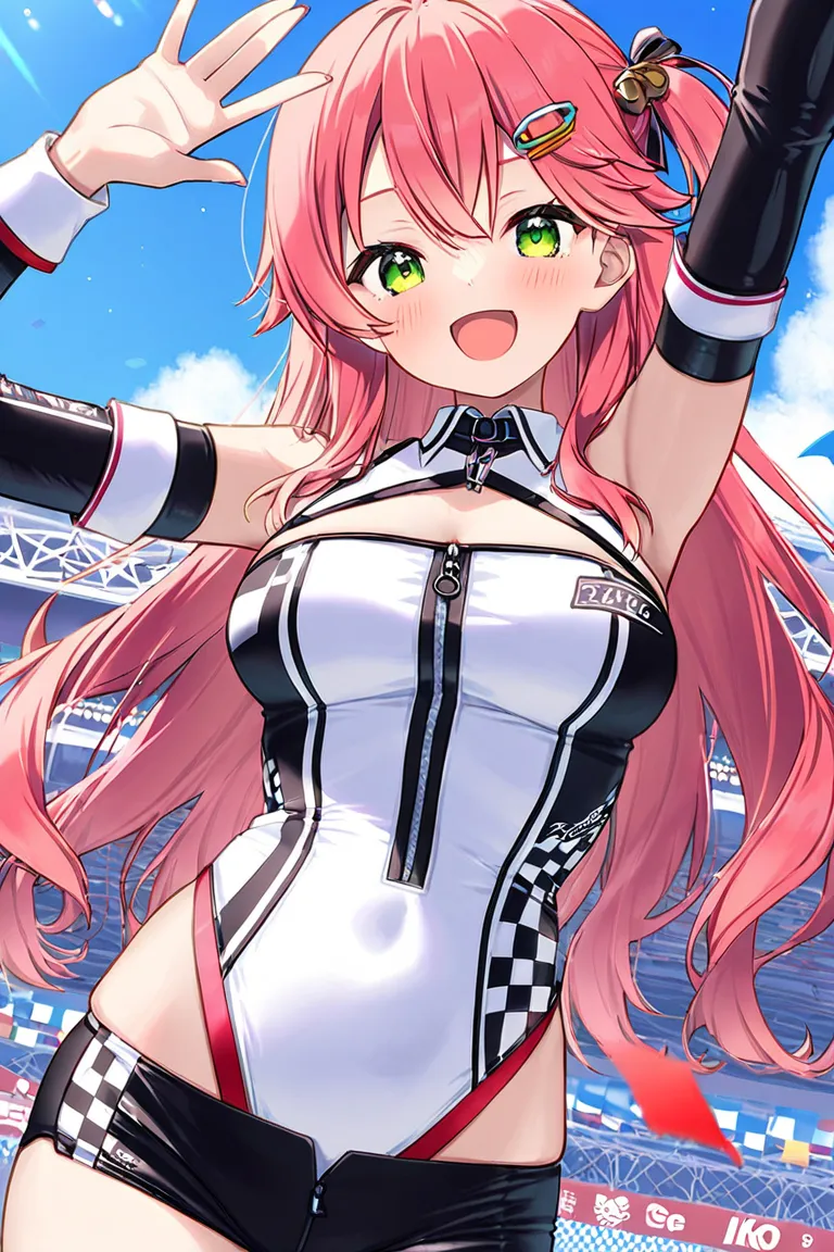  Sakura Miko、 Race Queen、smile、 Waving Checkered Flags 