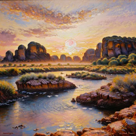 Handmade oil painting with impasto brushstrokes, dry brushing, revealing lower layers. A mystical sunrise over a hidden valley, golden light seeping through towering rock formations, sky swirling with soft pastels, while a winding river glows like liquid s...