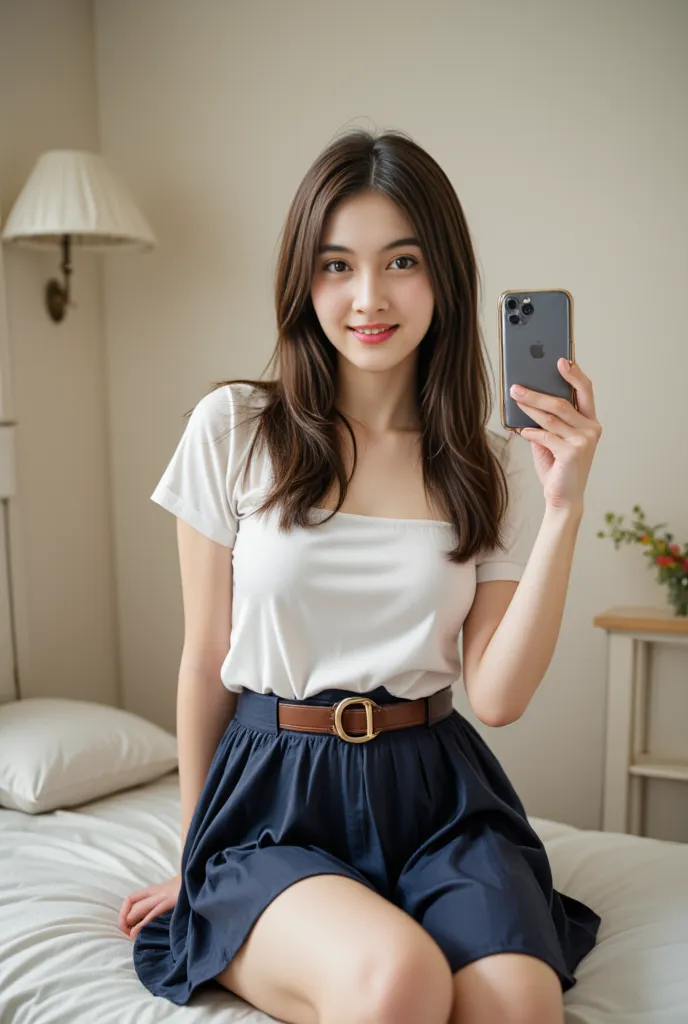 full body shot, A  woman taking a mirror selfie, relax face, soft makeup, smirk,  long legs, short sleeve white shirt and navy blue pleated skirt, brown belt. straight-on mirror reflection. with one hand holding the iphone to take a selfie, 
A messy pastel...