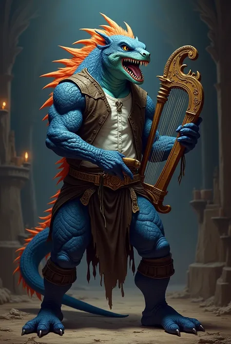 Muscular furry reptile
,high,gordo,dark blue with orange details,white shirt with leather vest black pants and black boot,acting as a bard with harp and whip,  armor