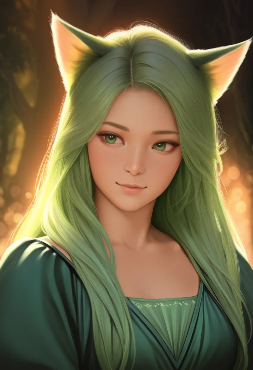 a woman with cat ears, green hair and green eyes, portrait, detailed facial features, serene expression, long hair flowing, wearing elegant green dress, mystical forest background, warm lighting, digital art, photorealistic, 8K, HDR, studio lighting, vivid...