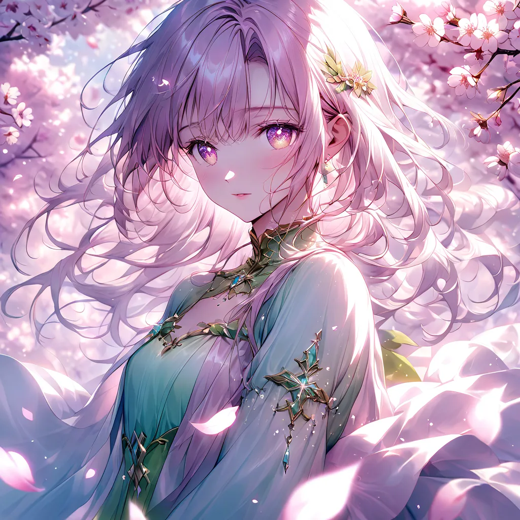 A spring fairy with flowing hair stands in a dreamy pink forest, surrounded by softly glowing cherry blossoms. She turns her head softly, her sparkling eyes reflecting the warm sunlight. A gentle breeze lifts her delicate dress and swirls the petals. The c...