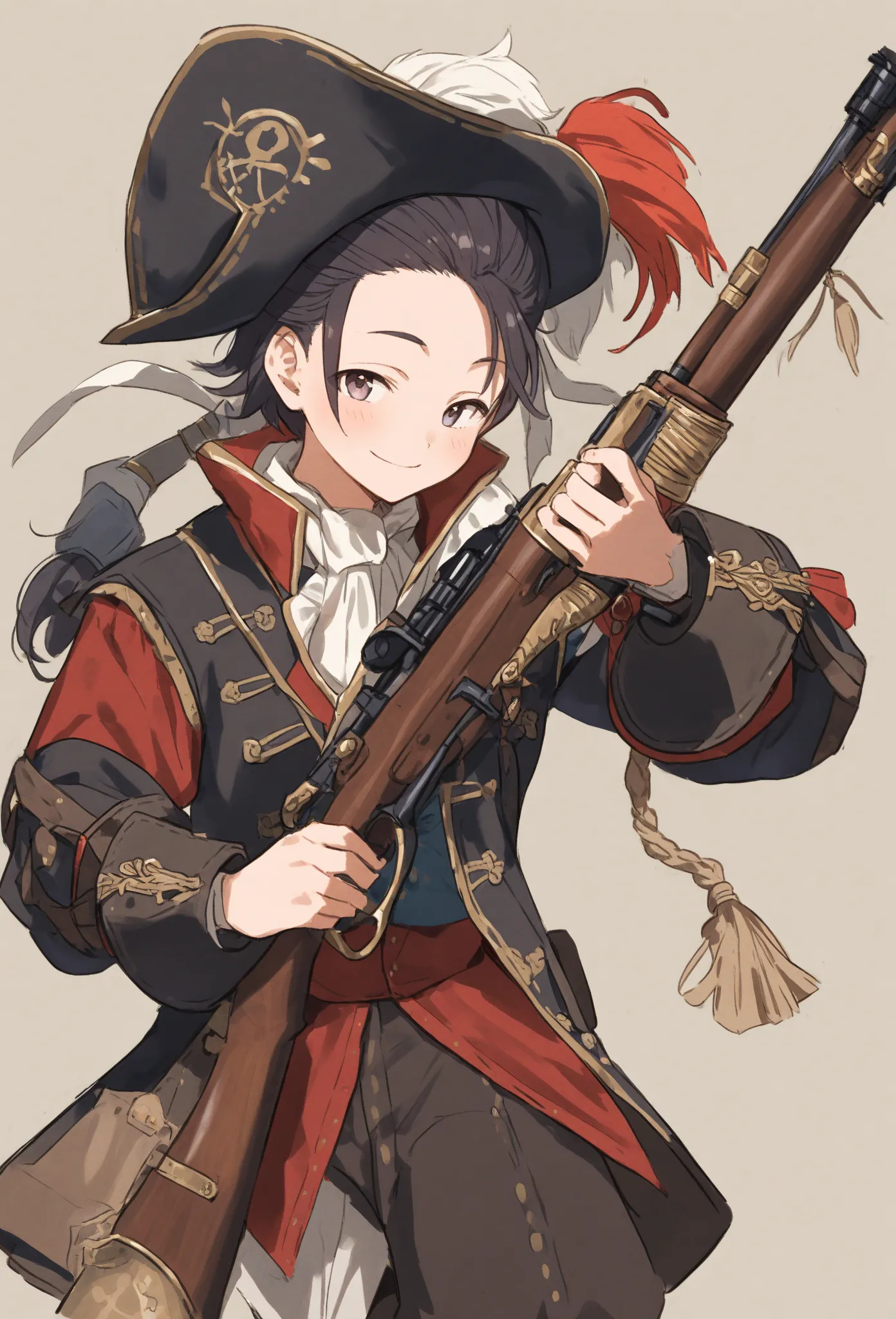 a young man Pirate 19-year-old ,18th-century attire fashion, holding a rifle, smiling