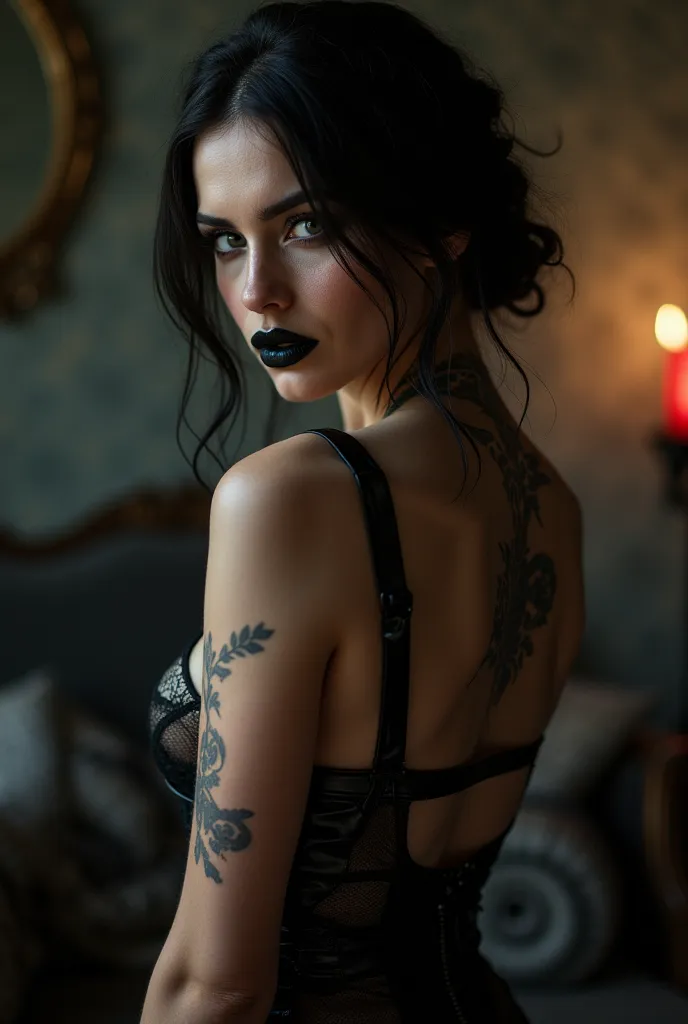 full body view, RAW photo, photorealistic, film grain, eye catchlights, atmospheric lighting, imperfections, natural, art by mooncryptowow. sensual & sexy turkish woman, black lips, tatoo on the neck, Gothic Core dress. latex underwear, breathtaking goddes...