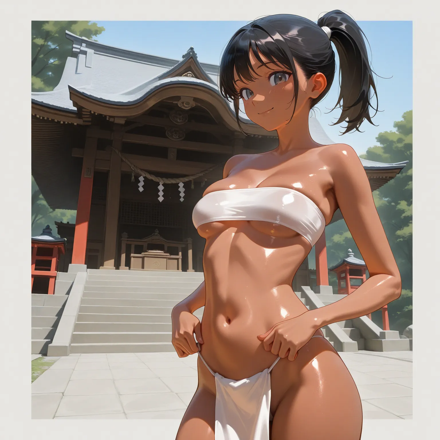 (beautiful girl : 1.3),1 girl,(glossy skin,tube top bra,loincloth),  black hair,ponytail,smile,  where I lived ,,Sunburn in the shape of a one-piece swimsuit,temple,shrine,masterpiece,Top Quality,Ultra High Precision,rich contrast,high image quality,8k,Hig...