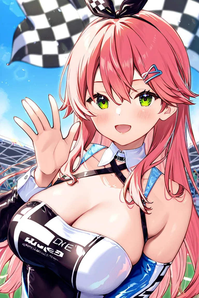  Sakura Miko、 Race Queen、smile、 Waving Checkered Flags 、Be able to see your whole body