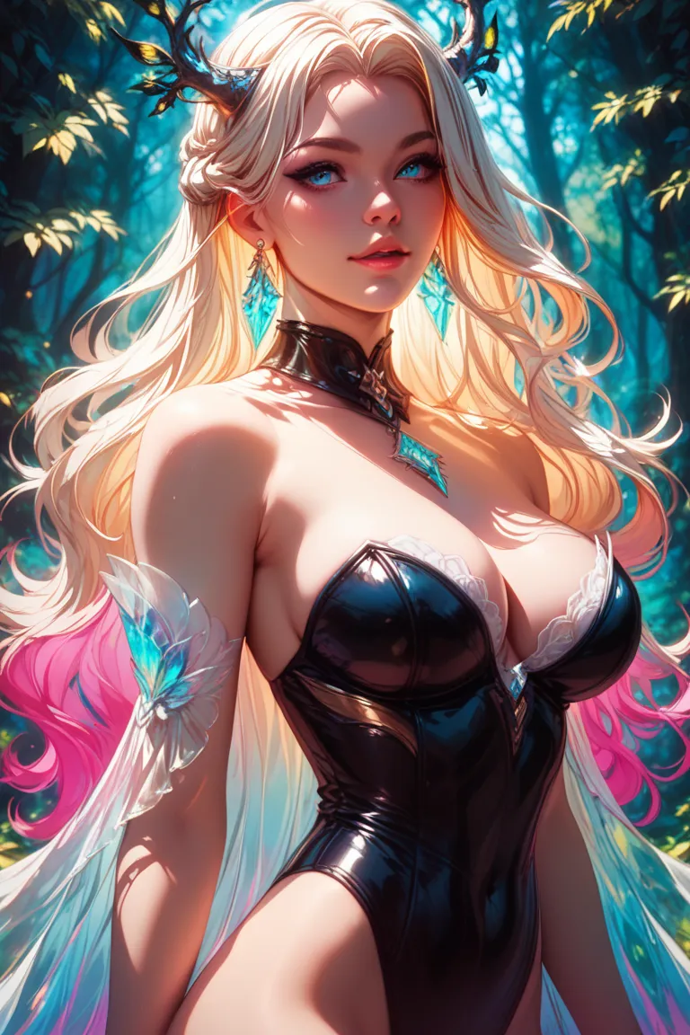 A stunning black elven woman with a voluptuous figure, accentuated curves, and smooth skin, standing in a vibrant, magical forest. Bright, ethereal lighting highlights her features, creating a high-key effect. Portrait shot, vertical composition, ultra-det...