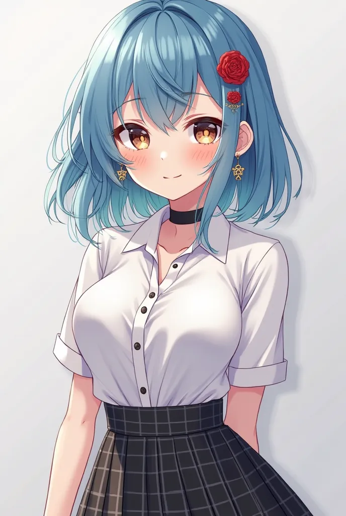 high detail, cute beautiful anime girl with a big bust in a pleated skirt, slender face, kare blue hair, black checker,  blush, white shirt, a gentle smile, sharp contours, image sharpness, rose-shaped hair clip, beautiful eyes stand cancer, red lipstick, ...