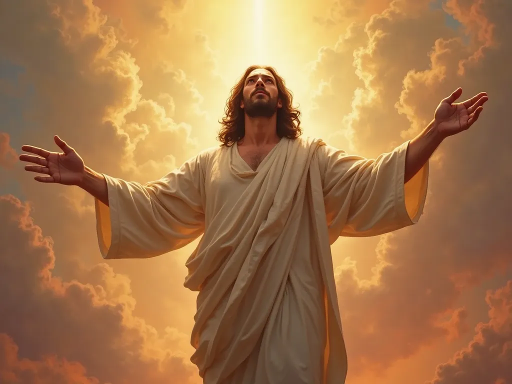 A resurrected Jesus, standing in radiant light, his hands showing the scars of the crucifixion, yet his face filled with peace and victory. The morning sky glows with hues of redemption.