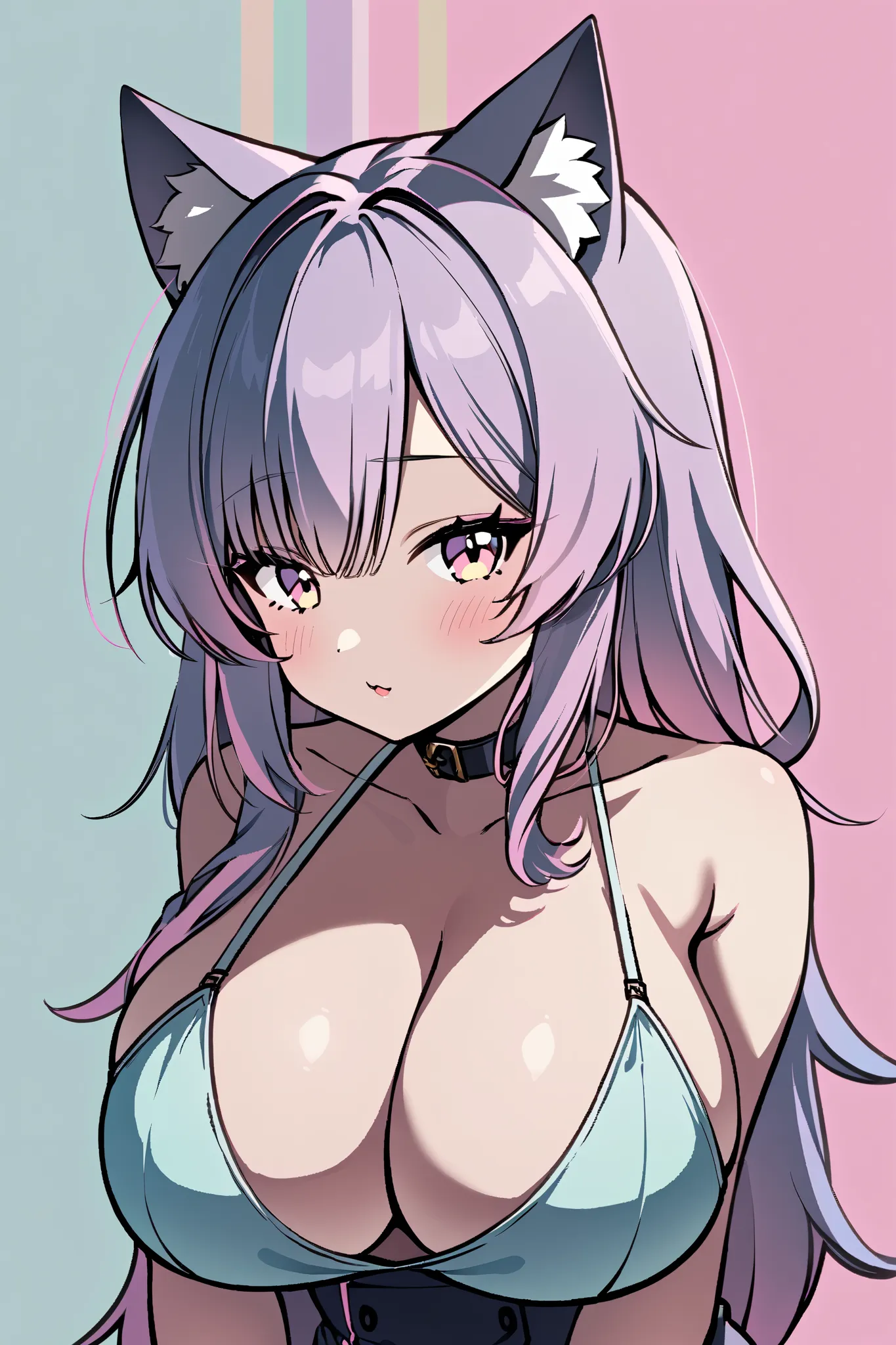 random hot and busty korean catgirl, cat ears, pastel color palette, no background, pastel background, colorful background, big breasts, cleavage, 