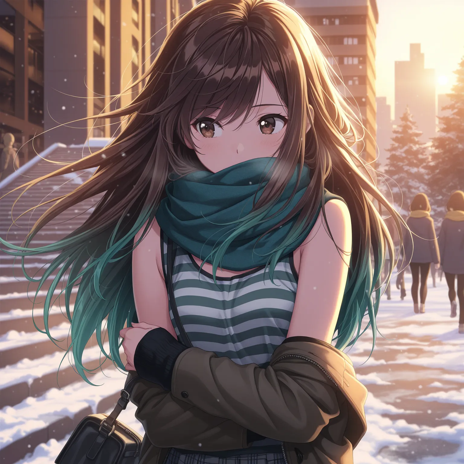 masterpiece, best quality, amazing quality, swept bangs, close up, from side, looking to the side, very long brown hair with teal highlights, brown eyes, small breasts, upper body, hugging self, cold, jacket, striped tank top, scarf, gray pleaded skirt, bl...