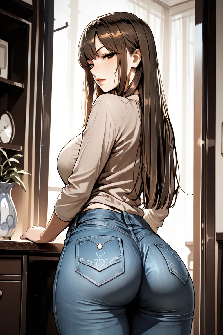 Masterpiece, high contrast, very aesthetic, mature female, adult woman, straight hair, brown hair, hair with bangs, ultra detailed, highres, best quality, seductive pose, blue jeans, show ass