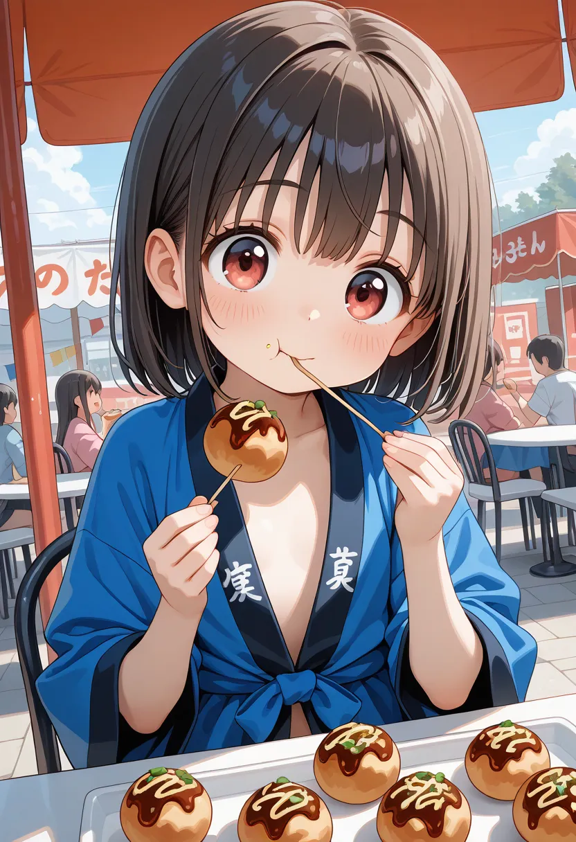 masterpiece, best quality, amazing quality, very aesthetic, absurdres, cute face, slender, detailed eyes, detailed hair, 
BREAK 
1girl,real skin,very cute face,tareme,loli,
BREAK 
eating,Takoyaki,(wearing Festival happi coat:1.0),sitting,upper body,diagona...