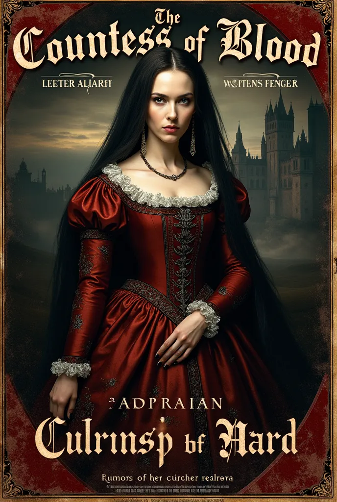 Create a vintage-style, realistic poster in the style of the early 1600s. The poster features an ominous, dark portrait of Countess Elizabeth Báthory, depicted as a menacing figure in a lavish, old-fashioned gown. She is shown with a cold, calculating expr...