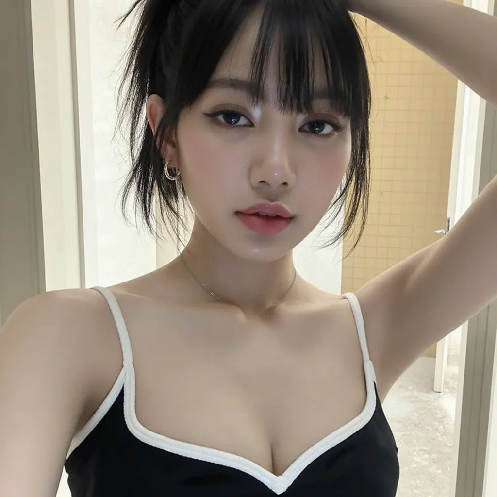 Korean make up , shiny browned long hair , big breasts , black tight outfit , mommy , madam , revealing outfit , pale skin , showing lower bottom , concert, dancing , perfect body