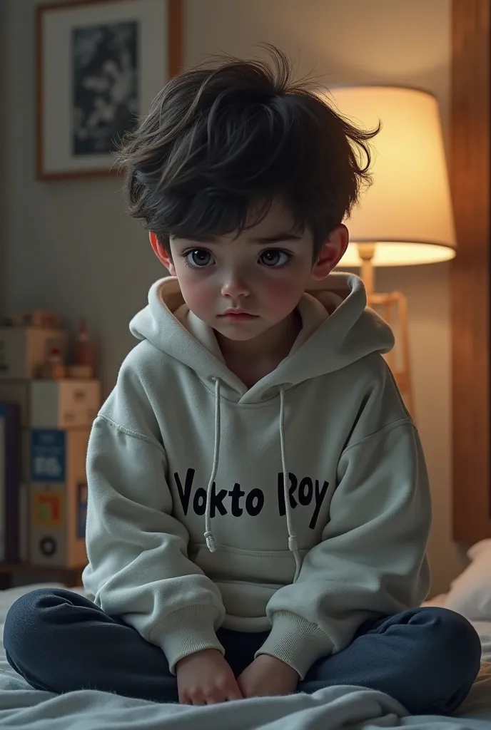 (A boy is sitting on a chair and he is wearing a hoodie with the Name Vokto Roy  it, and he is .