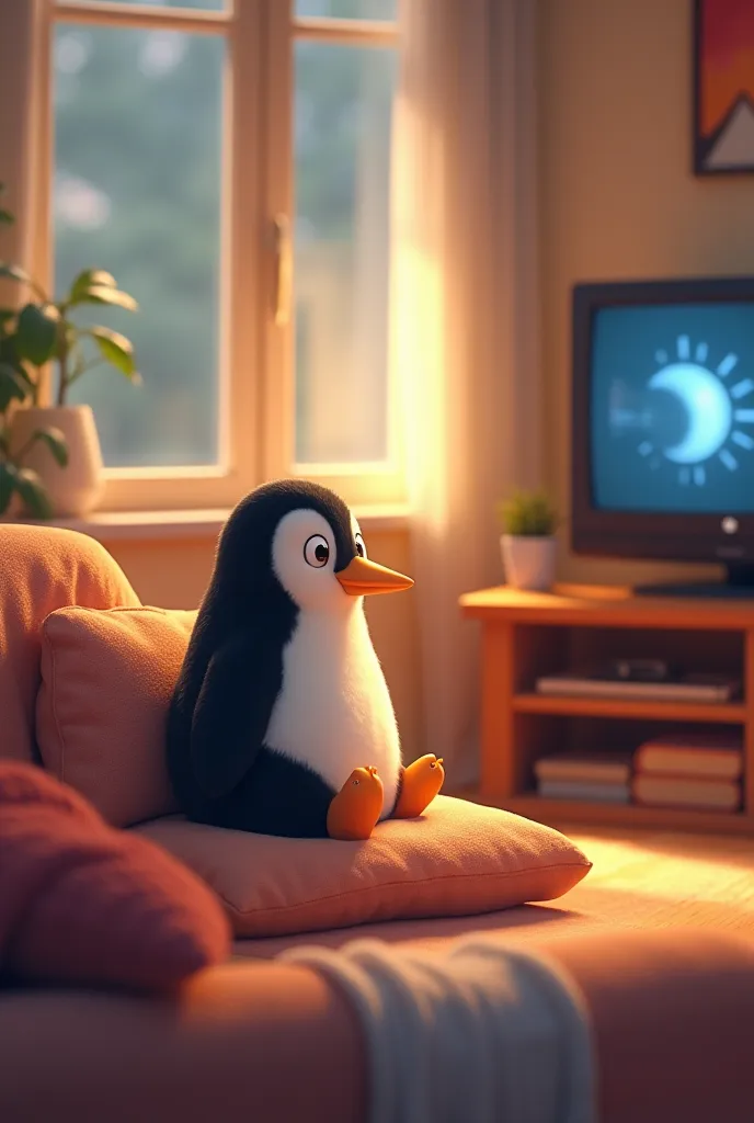 She makes a Pixar character: A cute penguin watching TV in a living room on a sofa. Soft pastel tones, warm lighting.