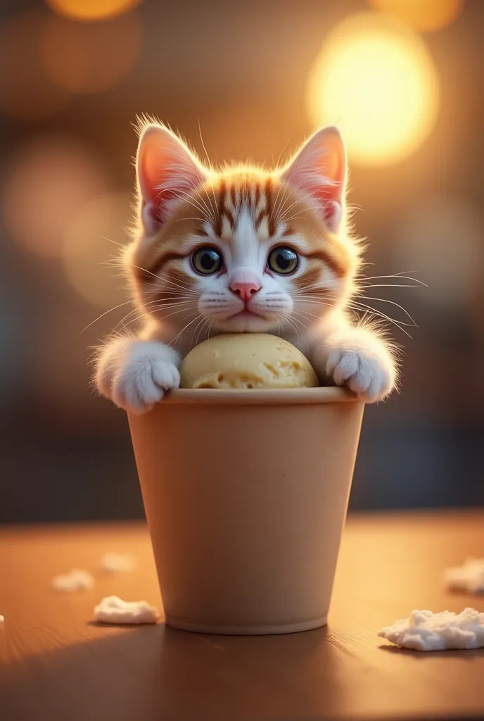 This cat in a paper ice cream cup, realistic, high detail, 4K, Professional quality,  photographic reality , detailed image, realistic textures, warm lighting,  cozy interior ,  polished ,  scattered light,  soft shadows, depth of field is blurred in the b...