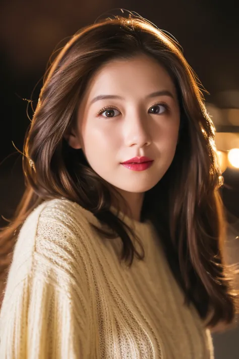 Young Japanese Women、30th Generation、Blurred night view、White brown hair、thin、4K、 8k、high quality、beauty、beautiful eyes、 detail eyes、High Resolution、 wearing a knit dress、 winters 、lipstick、