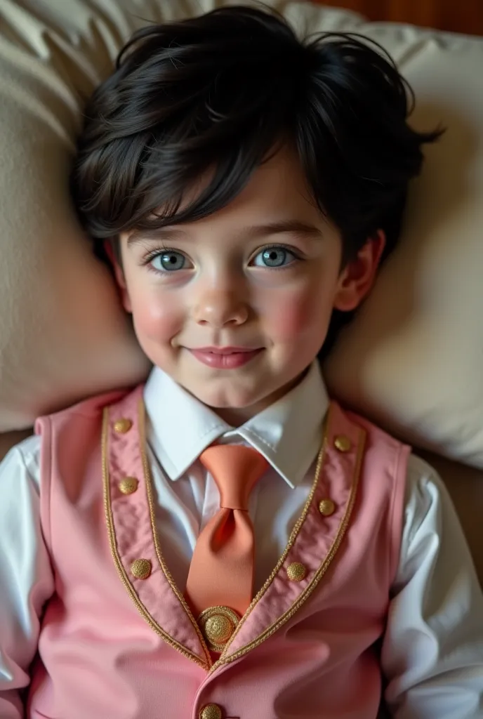 Tu peux faire une image de Tom enfant psychopathe froid et sans expressions de 14 ans avec les cheveux noirs et bien coiffé et plaqué et les yeux gris bleu, il est vêtu d'une chemise, an extremely thick Windsor double knot tie and a pink vest with gold but...