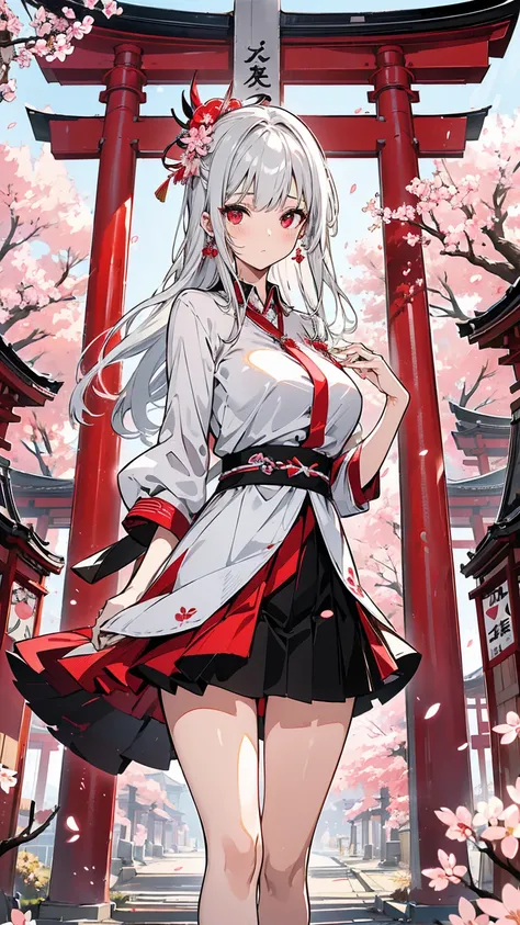 masterpiece, best quality, expensive_resolution, Details,  very elaborate and beautiful ,  clear_ images,  1 girl, Alone, , Silver Hair, Facing Front, Red Eyes, (Big Breasts), (),miniskirt,texpensiveexpensive, Curvy,torii,cherry blossoms,