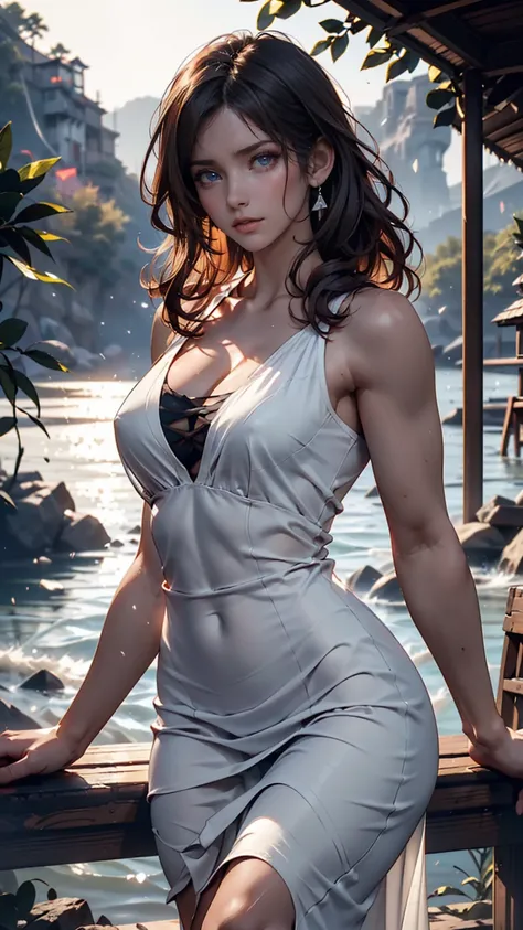 (sharp concentration:1.2),  photos, Attractive Young Woman, (beautiful face:1.1), detail eyes, sex, ( smokey eye makeup :0.85), (Medium Chest:1.0), ( athletic body:1.2), (wavy hair:1.2), wear (maxi dress:1.2) To (Cliff Side:1.2). (moody lighting:1.2), Dept...