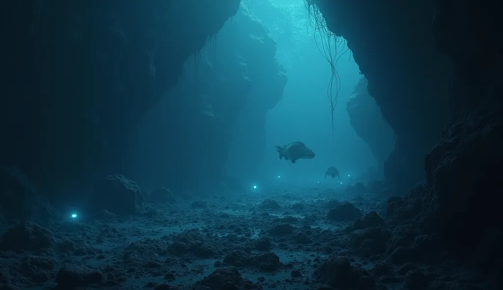 A dark, eerie deep-sea environment with faint blue bioluminescent glows in the background. The ocean floor is barely visible, and strange, shadowy creatures lurk in the distance. The atmosphere is mysterious and otherworldly, with a deep, dark blue color p...