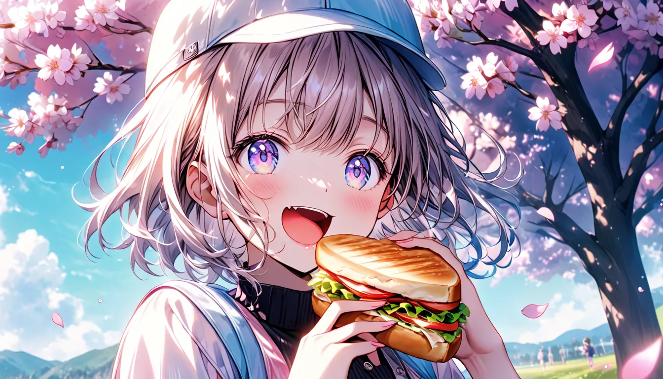 A cheerful girl wearing a casual cap sits under a fully bloomed cherry blossom tree, bathed in warm spring sunlight. She laughs joyfully with her mouth wide open, about to take a big bite of her sandwich. Pink petals gently fall around her, carried by a so...