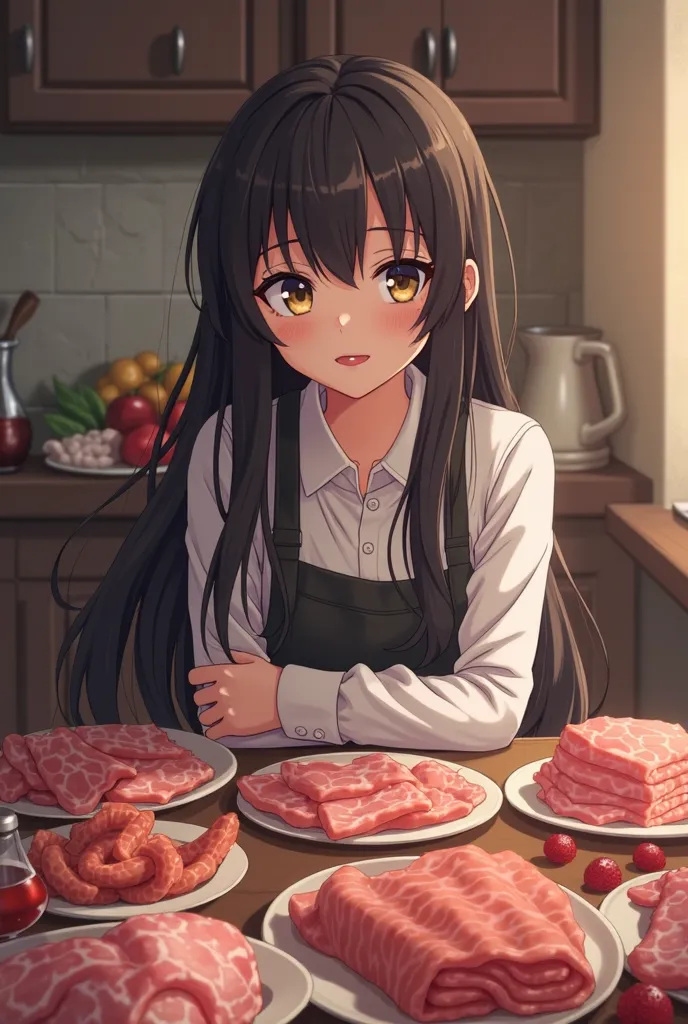 The girl with long black hair is smiling and the table is filled with all kinds of meat slices