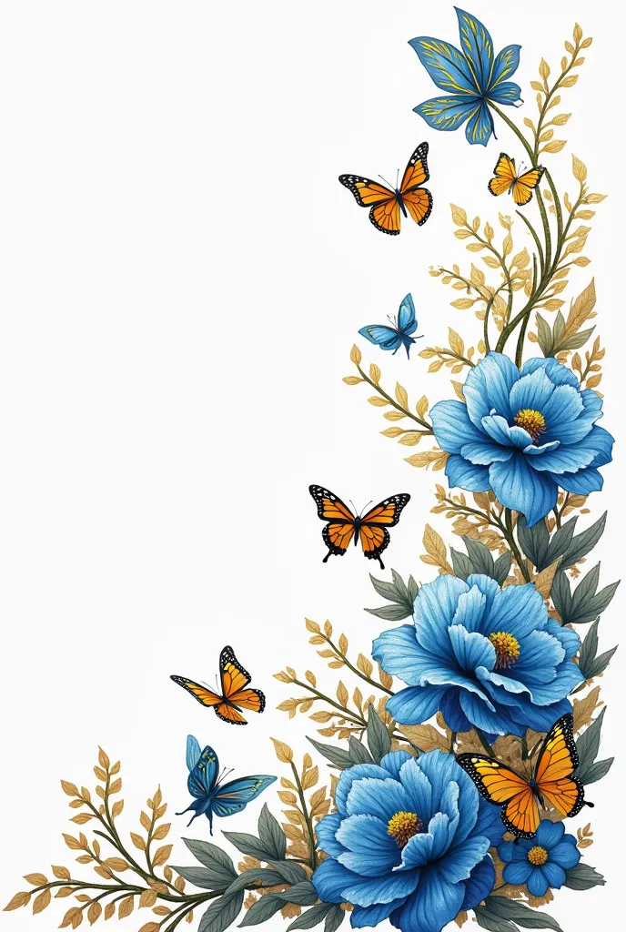 Art Nuveau image on white background without people, for the cover of a book, to be able to write the title inside it, with butterflies and blue and gold flowers on a white background