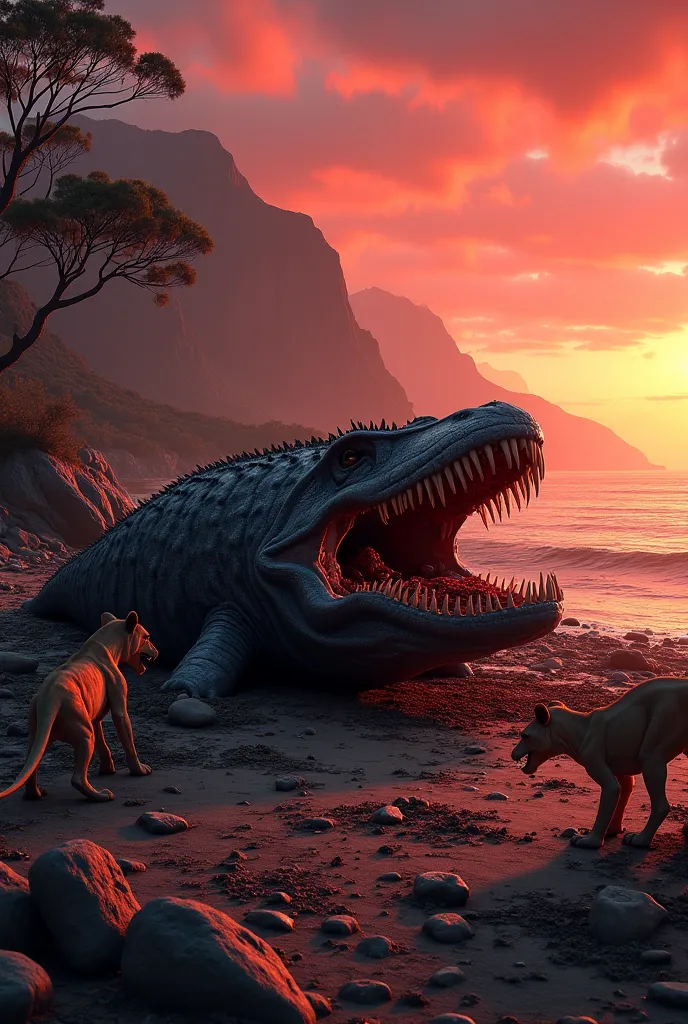 A stunning ultra-HD 8K shot of a dramatic prehistoric scene set in the evening under a blood-red sky. A massive, ancient whale-like creature, over 4 million years old, lies dead on the rocky shoreline. Its decaying body, covered in sharp, spiky scales, has...