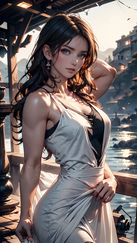 (sharp concentration:1.2),  photos, Attractive Young Woman, (beautiful face:1.1), detail eyes, sex, ( smokey eye makeup :0.85), (Medium Chest:1.0), ( athletic body:1.2), (wavy hair:1.2), wear (maxi dress:1.2) To (Cliff Side:1.2). (moody lighting:1.2), Dept...