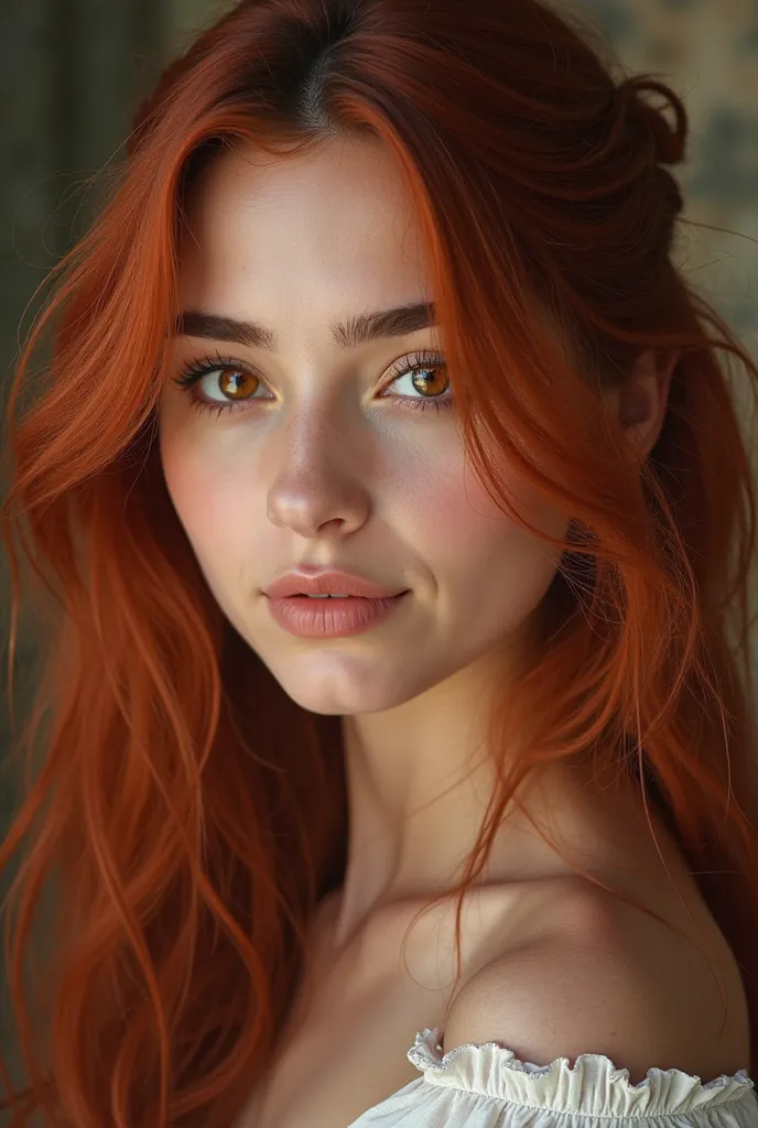 A girl with fair skin, honey eyes and red-black hair. At the age of 19, her features are Turkish