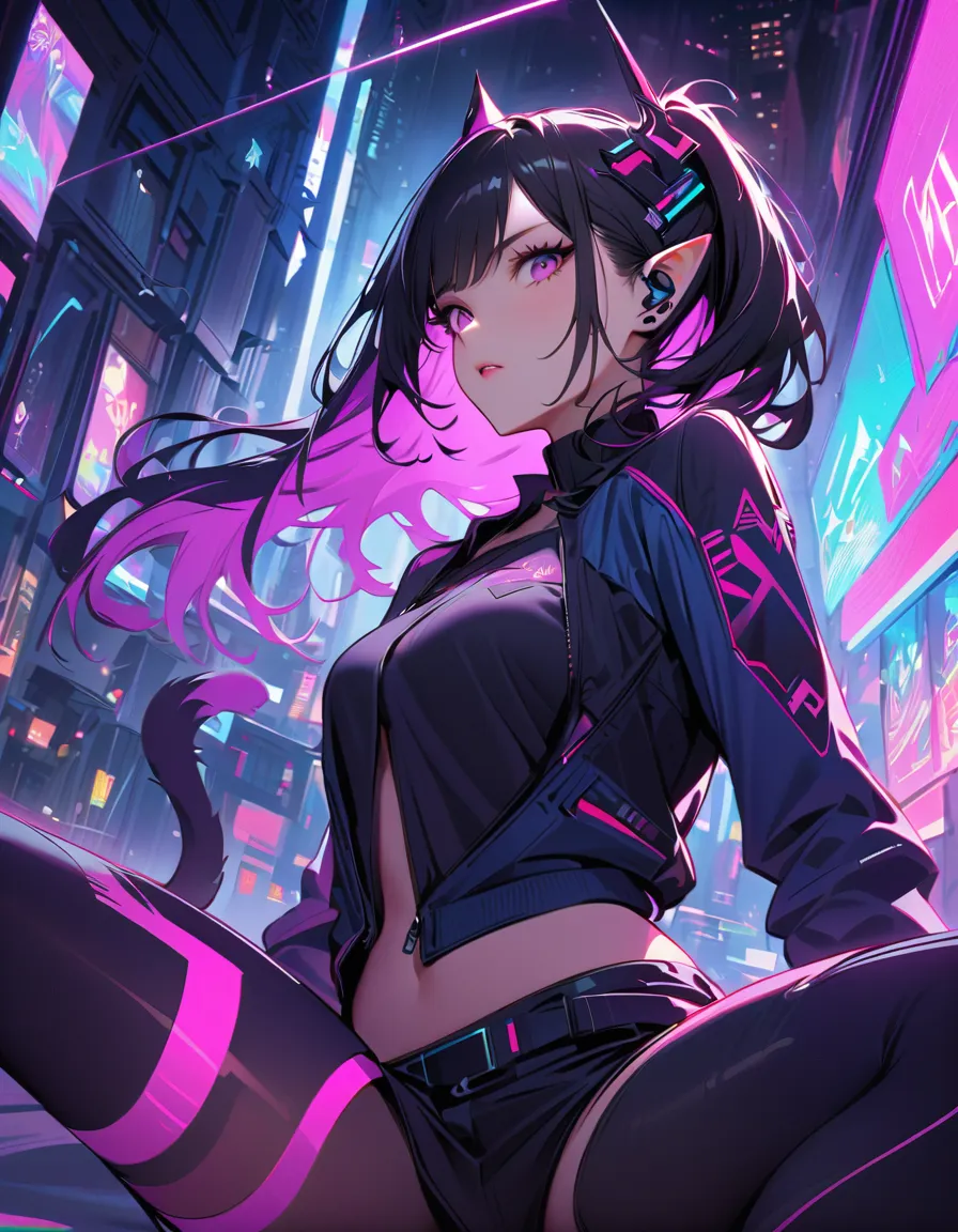 futuristic looking cyberpunk girl, The, sitting in a dynamic pose. she has black hair with neon colored highlights、wearing black clothes and a blue jacket。. background with machine wings and horns is simple and vivid, cityscape illuminated with blue and pi...