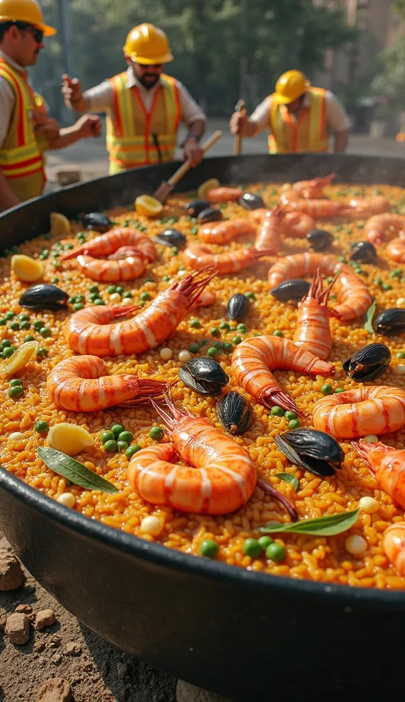 Extremely detailed macro photography. A bustling team of Shiba Inu puppy construction workers overwhelmed by a gigantic paella, wearing yellow helmets, prepare this enormous dish in a giant black paella pan. This giant pan is covered with a base of golden ...