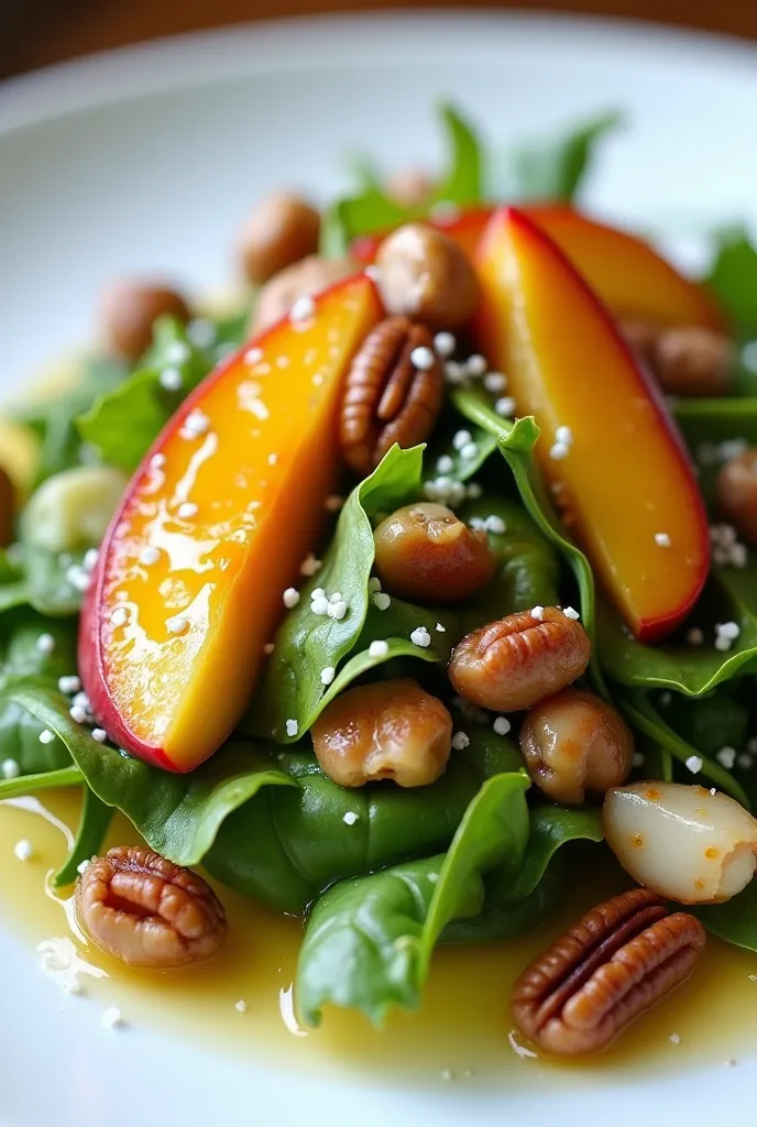 Mesclun and foie gras salad, vine peaches and honey vinaigrette with pecan nuts