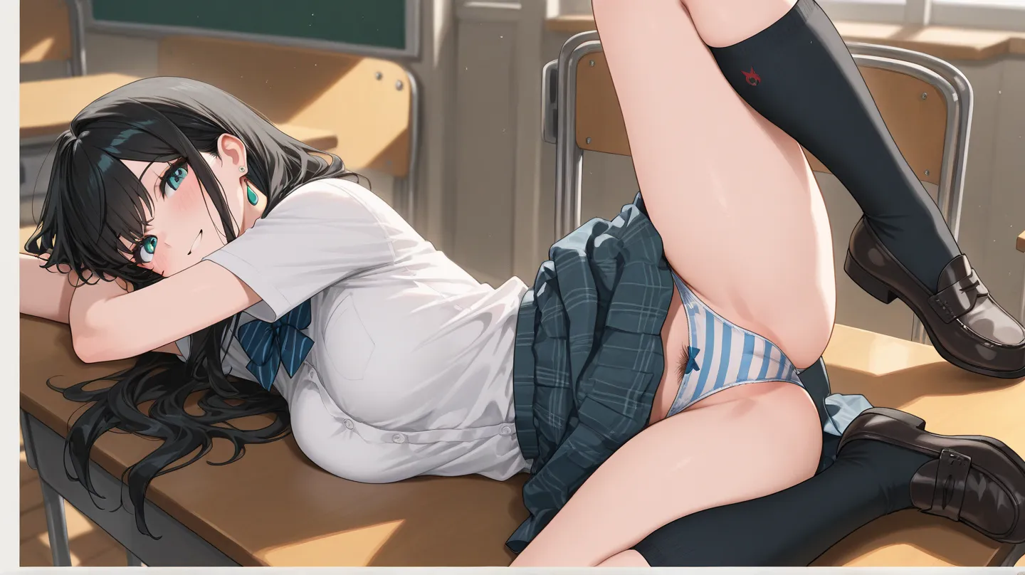 (beautiful girl : 1.3),1 girl,(白いdress shirt, arm roll up,Skirt,earrings, striped underwear ,high socks,loafers, pubic hair), black hair,long hair,smile, is embarrassing,blush,spread your legs,Decisive Pose,classroom, moving,dynamic angle for pussy,masterp...