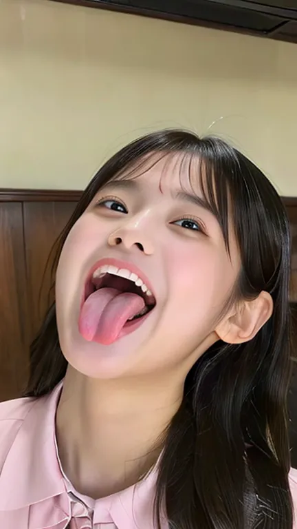 4K、realistic depiction、beautiful image quality、Japanese、beautiful girl、17-year-old、mouth、baby face、Mainly draw the mouth large.、 mouth as the main part of the screen、look up、Wide open mouth、tongue、Long tongue、Get your tongue out of your mouth、You can see i...