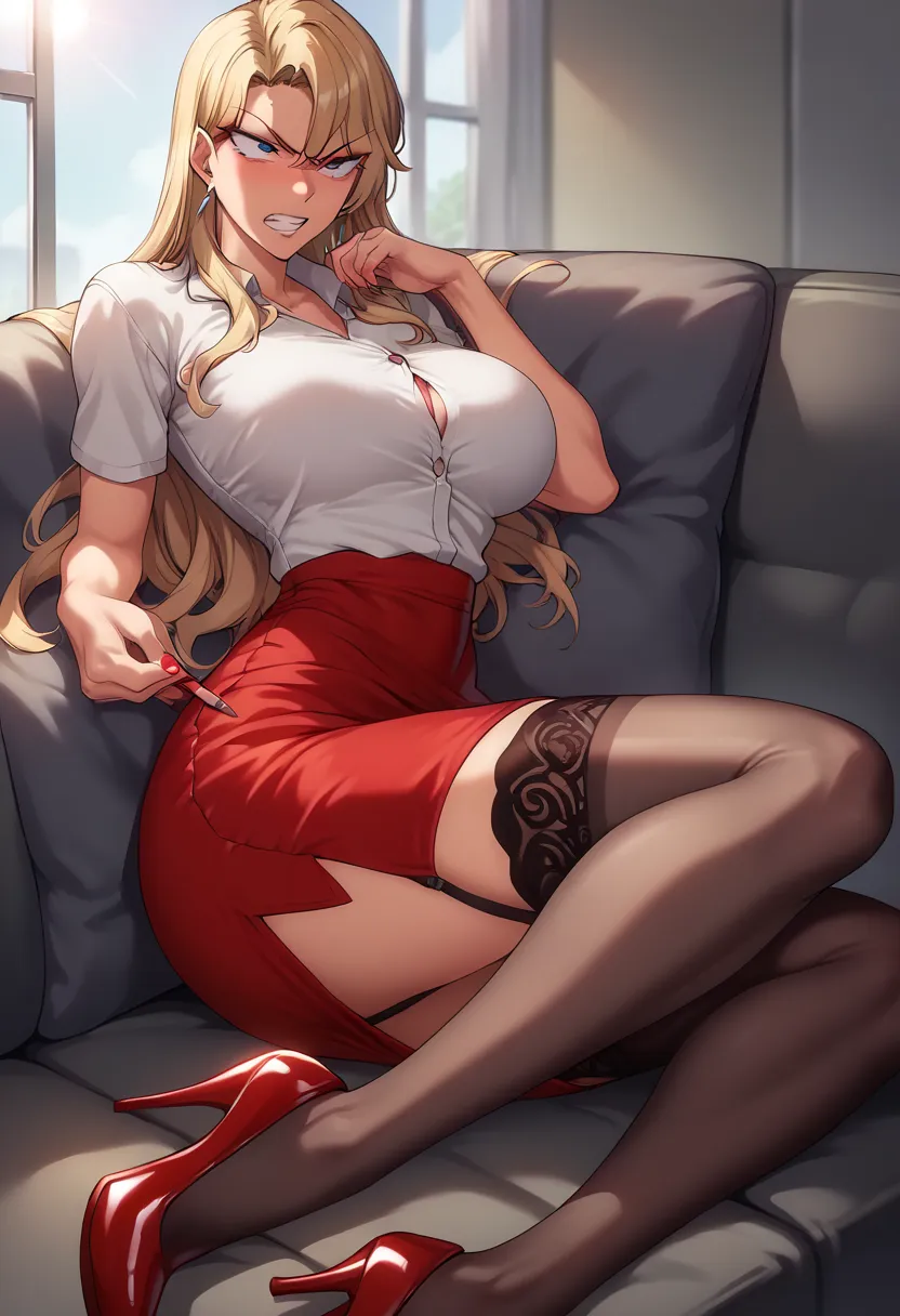 1girl, Reika Kurashiki, Reika Kurashiki from Saimin Seishidou, angry expression, siting on couch, in personal office, sunset lightning, (((wearing red pencil skirt with red office shirt with white undershirt with red high heels and stockings))), ((extremel...