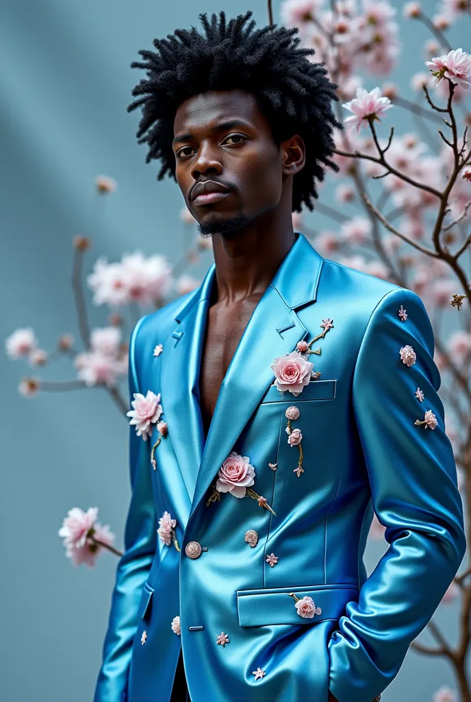 afroman  in silky smooth silver and blue suit wuth silky flowers over it 