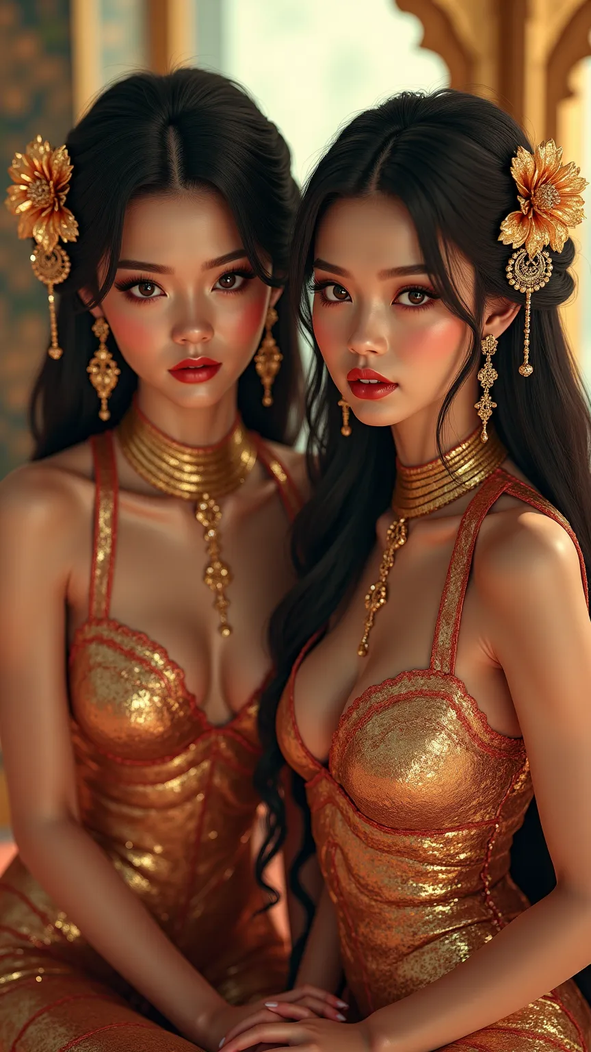 Two young oriental women with extra long fingernails, both with golden strands in their hair, very made-up, with sumptuous jewelry, elegant lace-up sandals and stunning clothes