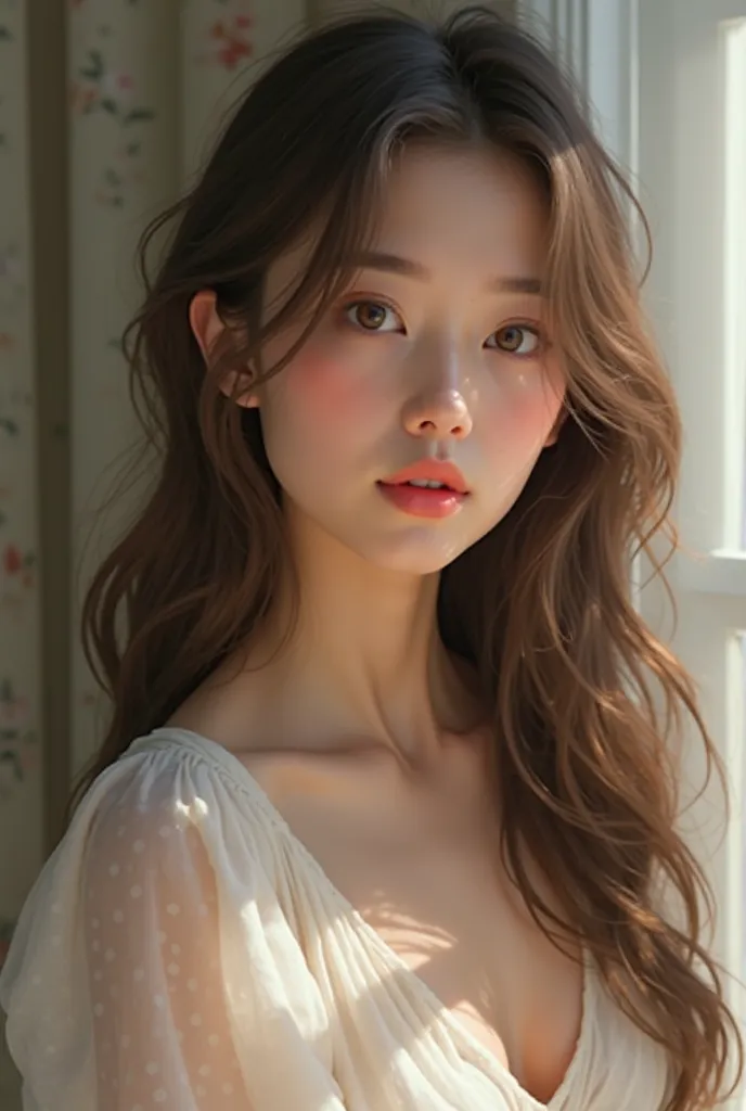 Girl
Long wavy brown hair
Brown eyes
Medium skin/Blanca
1,58 height
Slim build
Clean girl style 
Shy 

