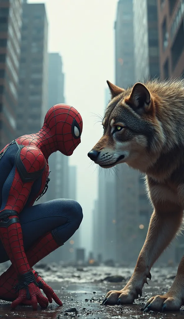 The dramatic and intense image of a Spider-Man and a wolf facing each other
