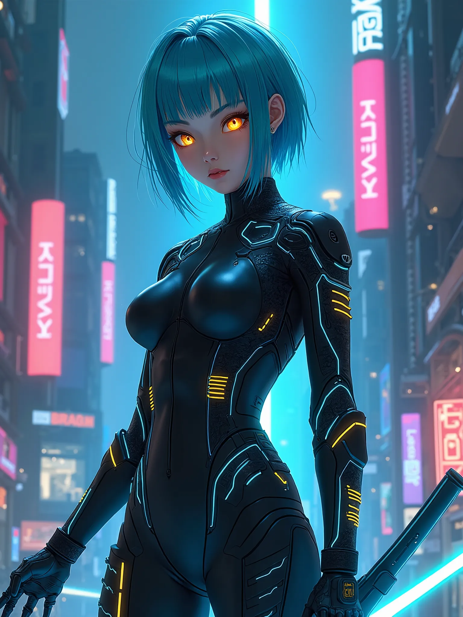 8.  cyberpunk warrior  "A stunning anime cyberpunk warrior with short neon blue hair and cybernetic golden eyes. She wears a sleek black bodysuit with glowing blue circuits, holding a high-tech energy blade in a futuristic cityscape."