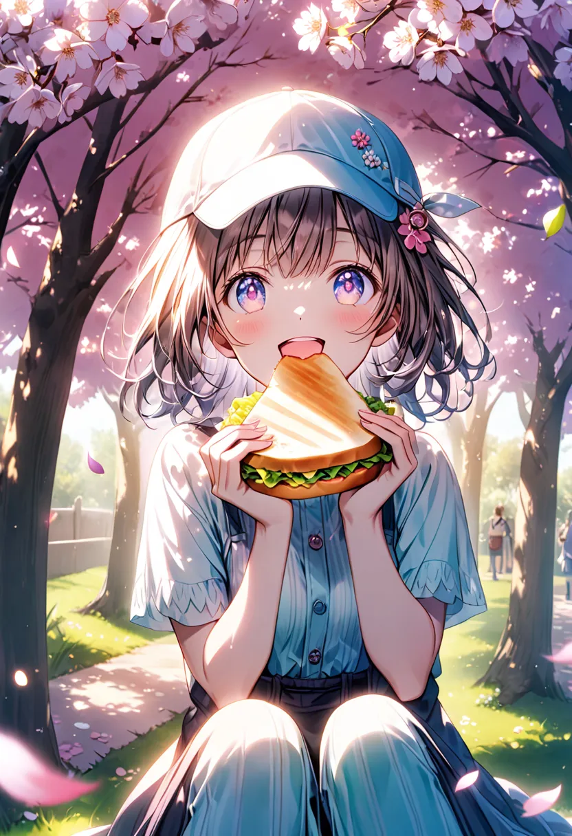 A cheerful girl wearing a casual cap sits under a fully bloomed cherry blossom tree, bathed in warm spring sunlight. She laughs joyfully with her mouth wide open, about to take a big bite of her sandwich. Pink petals gently fall around her, carried by a so...