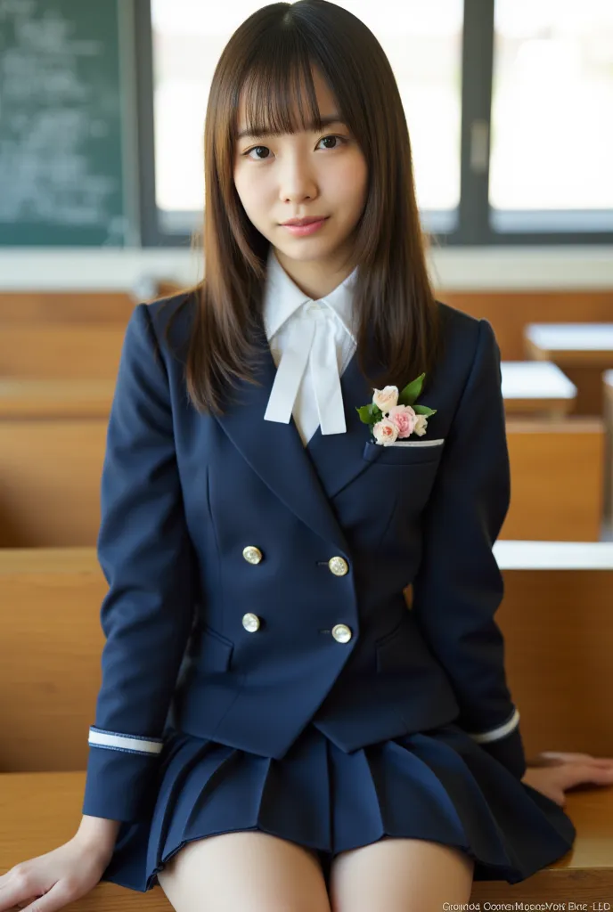 A high-resolution photograph of a Japanese young woman; 8k; masterpiece; best quality; detailed description; photo-realistic; natural soft indoor lighting; 1girl; light-brown hair; completely bare body under an elegant Japanese school uniform, wearing a na...