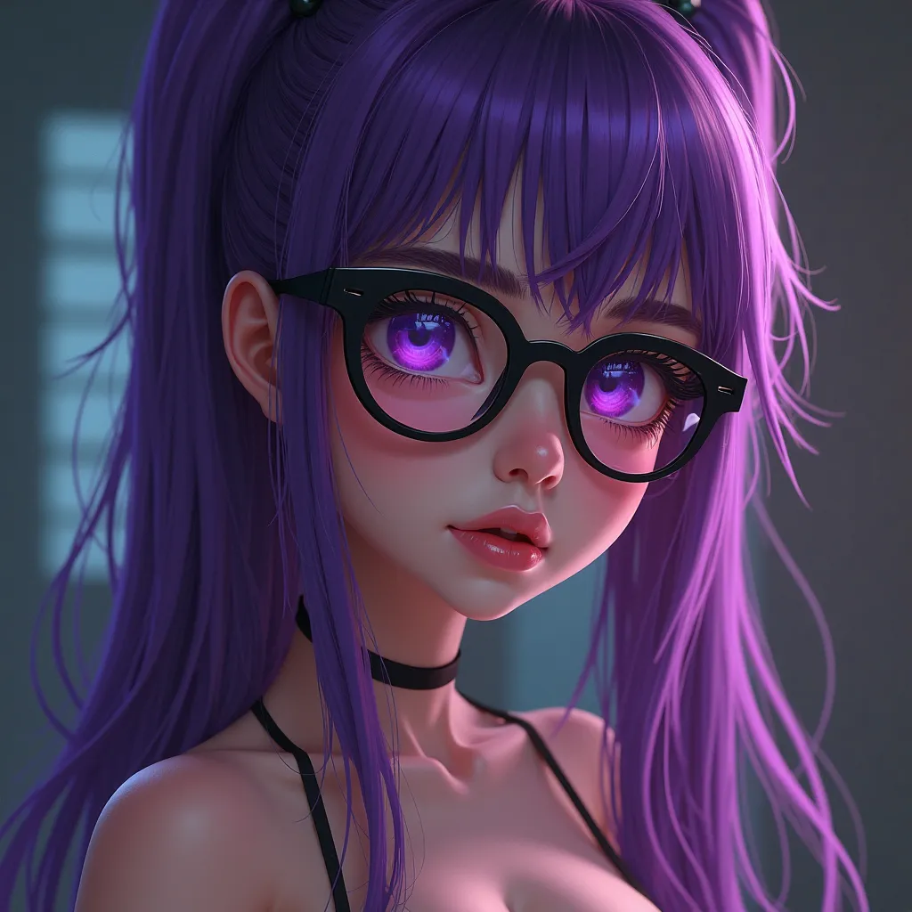 Woman, purple long ponytail with bangs, purple eyes, wearing glasses, wearing bra, aheago face, zoom face