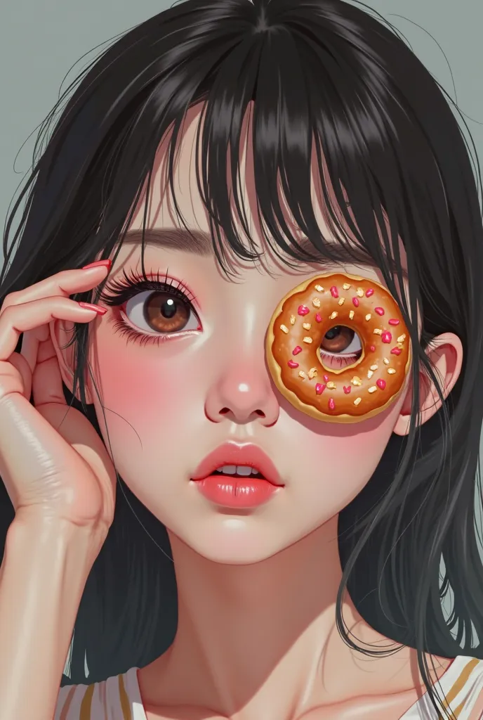 there is a woman with a doughnut on her face, ahegao face, digital art. @mariomaniacdude, made with photoshop, inspired by Nara Yoshitomo, kawaii realistic portrait, photorealistic anime, ahegao, instagram filter, snapchat photo, china doll face, artwork i...