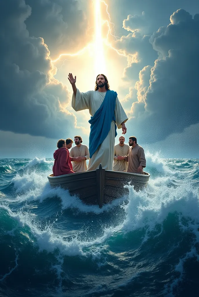 Jesus de pie en una barca en medio de una tormenta furiosa.  his disciples are scared, holding on to the boat while giant waves surround them. Jesus, with his white robe and a blue cloak, he extends a hand with authority to the sea, and with his powerful p...